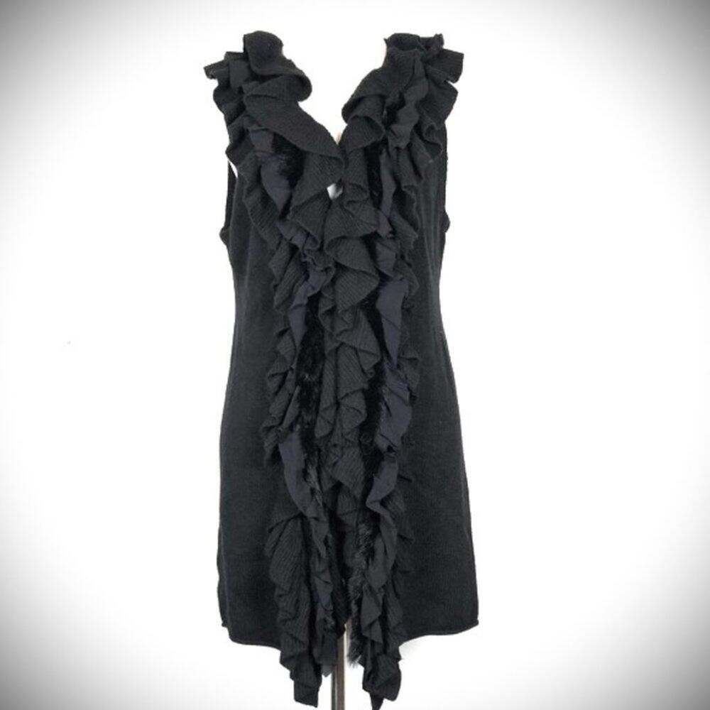 Alice + Olivia Long Vest ANGORA CASHMERE RABBIT FUR Between RUFFLE Sz XS Black
